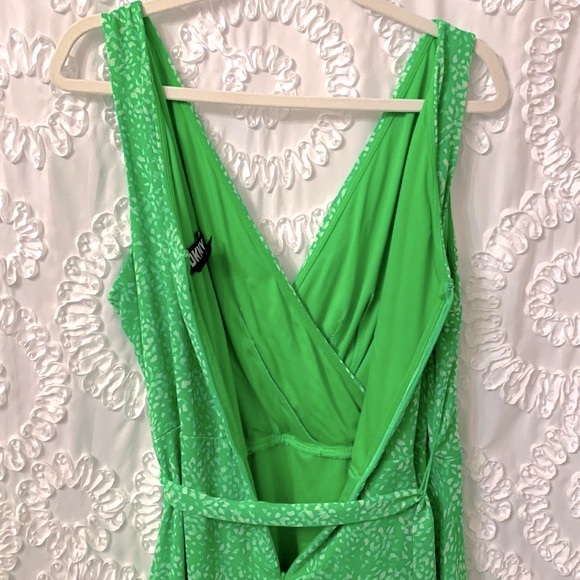 DKNY Bright Green White Lined Ruched Hi Low Lightweight Belted Zip Up Dress 16 - Picture 6 of 8